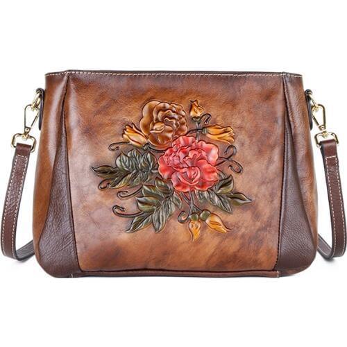 Women Genuine Leather Messenger Bags Shopping Female Floral Retro Chinese Style Real Cowhide Single Shoulder Crossbody Bag