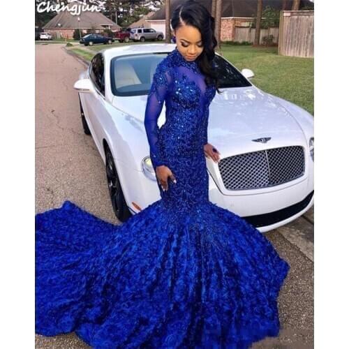 Chengjun Long Sexy Big Size Women Muslim High Neck Beading Long Sleeve Evening Dress