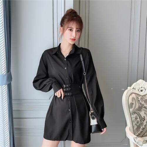 Long-sleeved Solid Female Dress Korean Style High Waist Single-breasted 2019 New Spring and Autumn Retro French Loose Dress