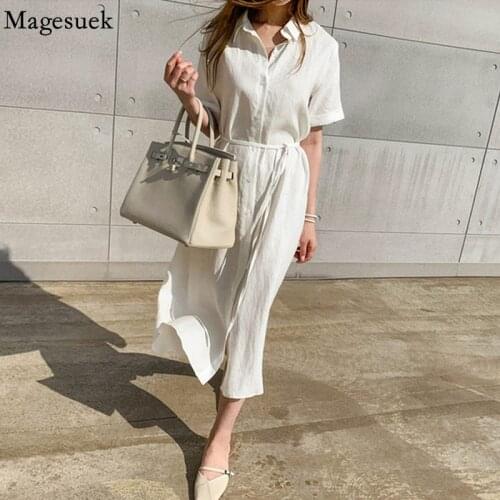 Vintage Casual Shirt Dress Women 2021 Korean Loose Cardigan Summer Short Sleeve Solid Linen Shirt Long Dresses Vestidos 9662