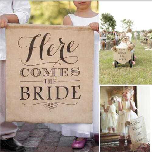 1pcs bridal shower burlap here comes bride chic wedding decoration hessian logo wedding flower girl logo bunting banner sign - C