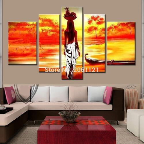5 Piece Free Shipping Cheap Hand Painted abstract Modern Wall Painting african girl Home Decorative Art Picture Paint on Canvas