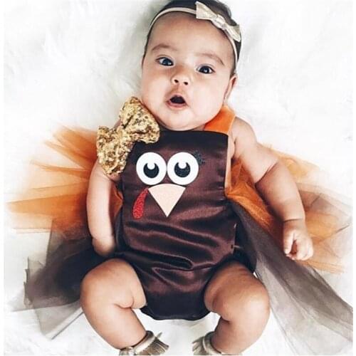 Thanksgiving Newborn Baby Girls Clothing Turkey Cartoon Print Romper Sequin Bow Halter Mesh Tutu Dress Rompers 0-18M