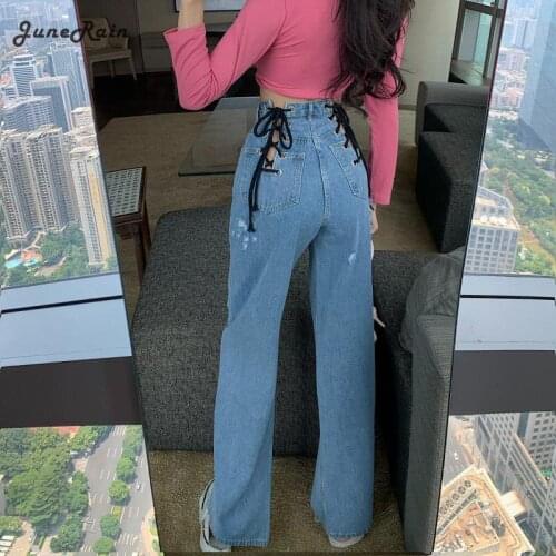 High Waist Hollow Out Bandage Denim Trousers Street Shot Sexy Straight Pants Women Style Female Trousers Super Spicy Loose Jeans