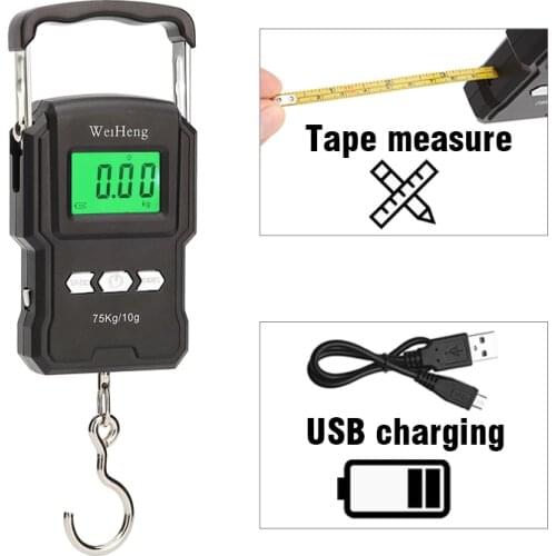 USB Charging 75kg/10g Digital Scale with 100cm Tape Measure Electronic Balance Hand Scales for Fishing Luggage Travel Steelyard