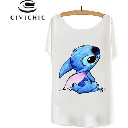 CIVI CHIC Summer Cotton Tees Cartoon Star Baby Stitch Print Women T-shirt Round Neck Loose Tops One Size Bat Sleeve Tshirt WST52