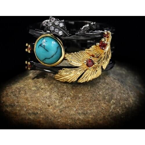 CIZEVA Bohemia Vintage Jewelry Handmade Leaf Turquoise Two Tone Black Gold Filled Ring Womens Luxury Wedding Band Rings