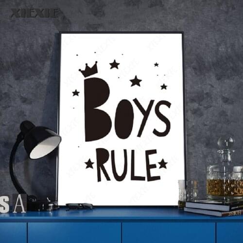 Minimalist Boys Rule Nursery Decor Personalized Canvas Painting Wall Art Black and White Posters Kids Room Decor Prints Pictures