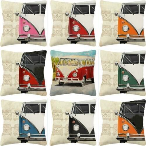 Bus Cushion Covers Retro Style Oil Painting Home Decor Throw Pillow Cover Cotton Linen Polyester Pillow Case Home Deco 45X45cm