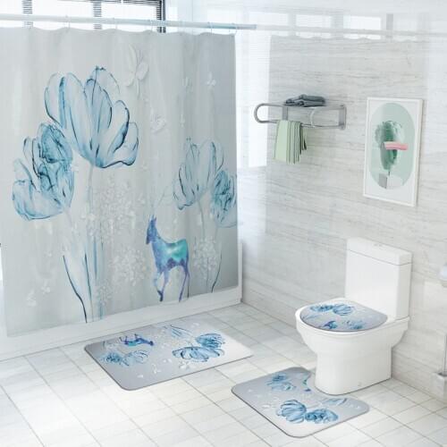 Nature Deer Flowers Fabric Shower Curtain Tulip Bathroom Curtains Set Toilet Cover Mat Non-Slip Bath Rug Carpet Sets Home Decor