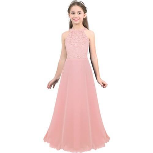 Kids Girls Chiffon Sleeveless Floral Lace Cutout Back Flower Girl Dress Princess Pageant Wedding Bridesmaid Birthday Party Dress