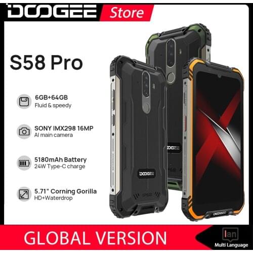 New DOOGEE S58 Pro Mobile Phone IP68/IP69K Waterproof Rugged Phone 5180mAh 5.71"FHD+Display 6GB+64GB Android 10 NFC Smartphone