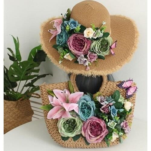 NEW Summer Straw Beach Bag Handmade Woven Shoulder Bag Flower Butterfly Rattan Bags Summer Vacation Casual Bags with Sun Hat