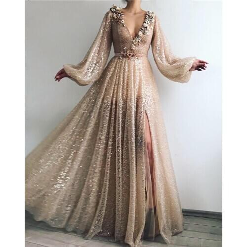 Sparkling Sexy Gold Sexy Formal Prom Dress Flowers V-Neck Sequin A-Line Dubai Arabic Long Sleeve Evening Dresses 2021