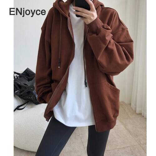 Fall Winter Casual Dark Coffee Hoodies Women Cotton Long Sleeve Loose Zipper Jacket Japan Style Harajuku Streetwear Sweatshirt