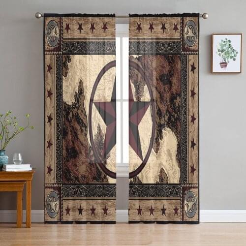 Western Texas Star Rustic Vintage Pentagon Tulle Curtains for Living Room Decoration Modern Chiffon Sheer Voile Kitchen Curtain