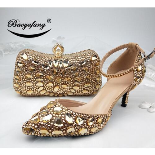 BaoYaFang Champagne Golden crystal women Wedding shoes and bags Rhinestone high heels ankle strap shoes women party dress shoes