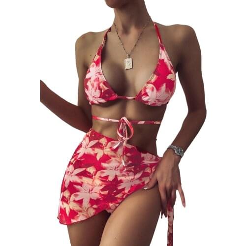 Women Fashion 3-piece Bathing Suit Sleeveless Floral Print Tops+Bottoms+Cover Up Set