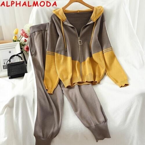 ALPHALMODA 2020 women fashion hooded zipper knit jacket legging 2pcs suit Contrast Color Sporty Cardigans Haren Pants Tracksuit