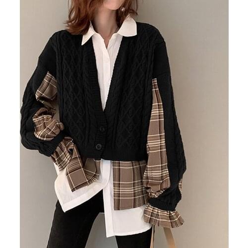 Fashion Korean Patchwork Cardigan Women Streetwear Plaid Knitted Sweater Autumn Jacket Long-Sleeved Cardigan Female
