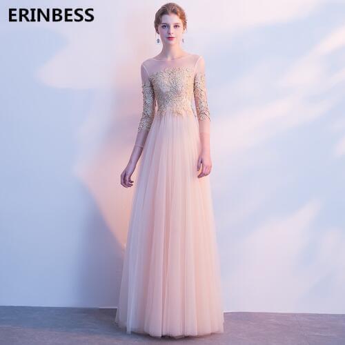Vestido De Festa Tulle Three Quarter Sleeves Evening Dress Elegant Robe De Soiree Scoop Neck Evening Dresses Long Dress 2020
