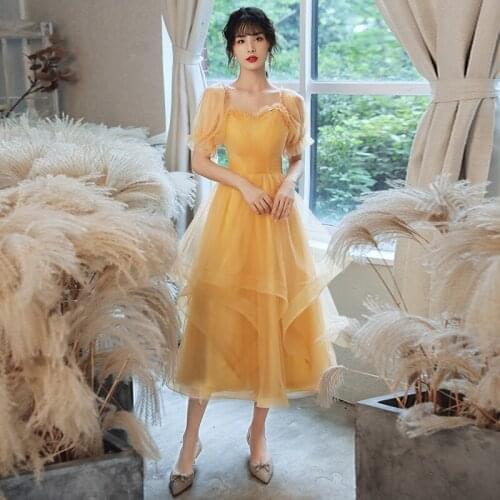 Bridesmaids Dress Illusion V-Neck Short Pleat Tulle Lace A-Line Floor-Length Luxury Yellow Elegant Women Wedding Party Gown E750