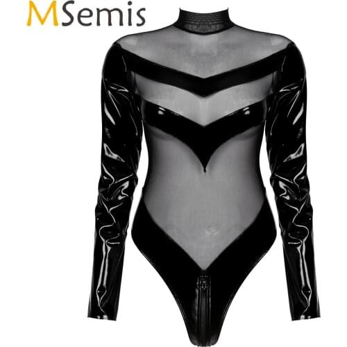 Womens Lingerie See-through Bodysuit Mesh Patchwork Long Sleeve Zipper Back Mock Neck Catsuit Patent Leather Leotard Clubwear