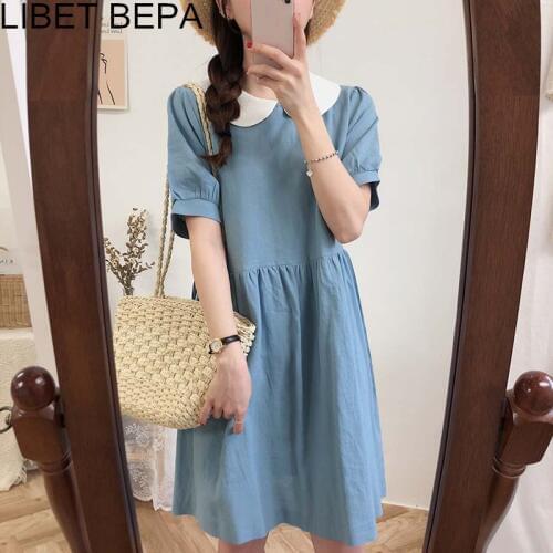 2021 New Summer Women Dresses High Waist Casual Peter Pan Collar Fashionable Sweet Cotton and Linen Pleated Mini Dress DR1955