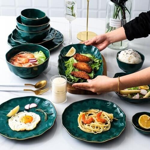 Gold Side Green Plate Tableware Bright Light Steak Dish Dessert Tray Rice Salad Noodles Bowl Dinner Plates Ceramic Dishes 1 PC
