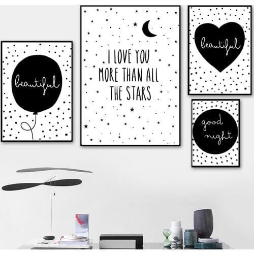 Star Moon Balloon Heart Quotes Wall Art Canvas Painting Nordic Posters And Prints Black White Wall Pictures Baby Kids Room Decor