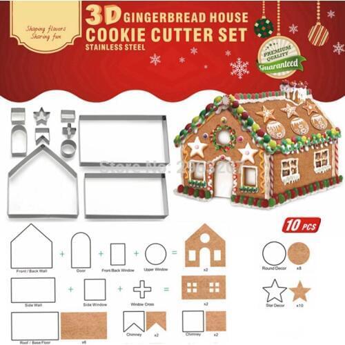 10pcs/set 3D Stainless Steel Gingerbread House Christmas Cake Cookie Cutters Set Biscuit Mold Fondant Cutter Baking Tool