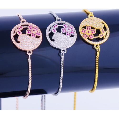 2017 New Arrival Micro Pave Colorful Zircon Flower Round Connector Charm With Adjustable Link Chains Women Green Charm Bracelets