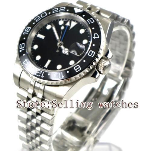 40mm Parnis Black Sterile Dial Black Ceramic Bezel Jubilee Style Strap Blue GMT date window automatic mens watch