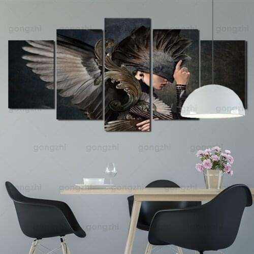 5Pcs Fashion Abstract Mysterious Woman Wall Painting Black Winged Woman Frameless Hd Printed Canvas Poster