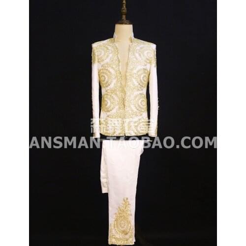 New Male DJ singer baroque style Embroidery white slim suit costumes Male Singer Stage Costumes Blazers Clothing Set