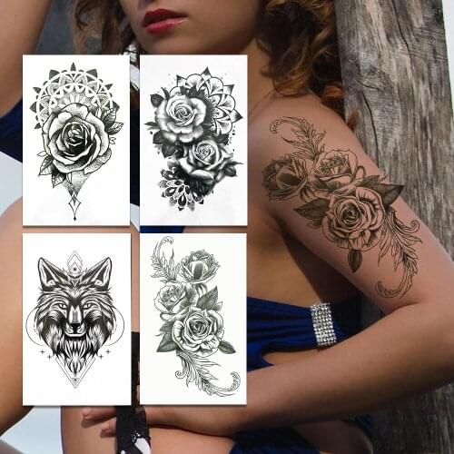 Large Rosees Flower Temporary Tattoos For Women Black Henna Mehndi Peony Tattoo Sticker Geometric Wolf Pendants Fake Tatoo Chest