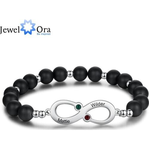 JewelOra Personalized Engraving Name Infinity Bracelets for Women Custom 2 Birthstones Beaded Chain Bracelet Gift for Her