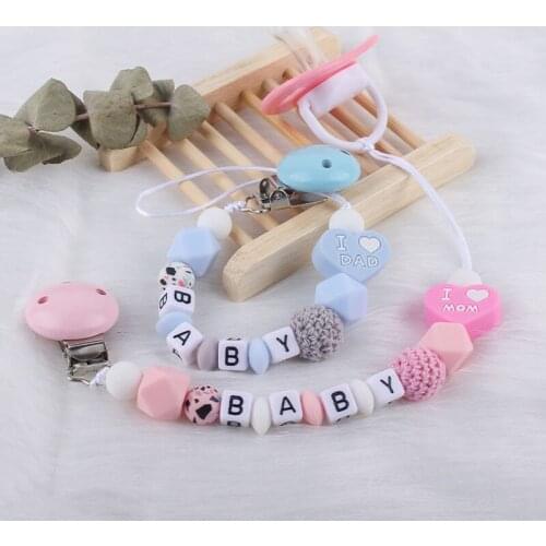 Baby Silicone Pacifier Clips Personalised Love Mom Toy Teether Handmade Nipple Chew Beads Chain Holder Soother Chains Chupeta