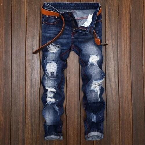 Jeans Men Hole Bleached Scratched Vintage Straight Washed Fashion Cowboy Male