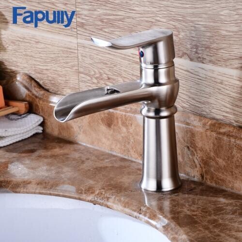 Fapully Bathroom Basin Faucet Waterfall Faucet Stainless Steel Brush Nickel Washing Vessel Basin Tap Mixer Torneira