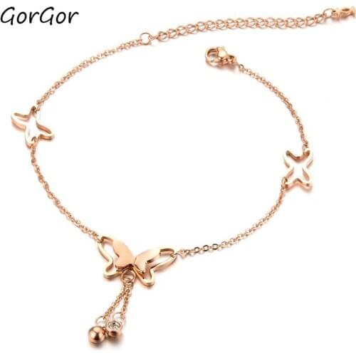 GorGor Summer Accessories Beautiful Rose-plated Gold Fashionable Stainless Steel Exquisite Bow Anklet 002