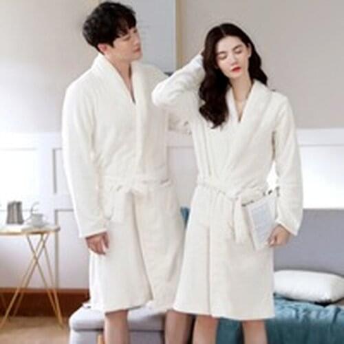 White Women Men Coral Kimono Bathrobe Gown Lovers Couple Flannel Nightwear Winter Thicken Warm Soft Robe Gown Sleepwear