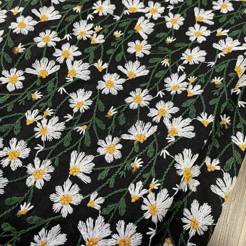 Quality cotton and linen fabric black Three dimensional embroidery of daisy sewing Skirt tablecloth curtain DIY bag tissu