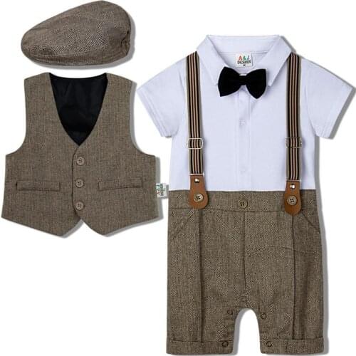 Baby Clothing Set Newborn Infant Wedding Gentleman Outfit Boys Birthday Party Formal Suit Suspender Bow Tie Romper 3PCS