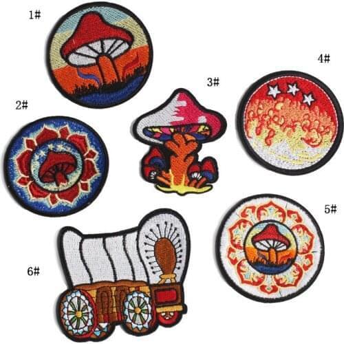 Round Mushroom Patches Earth Space Patches Sewing Embroidered Applique for Jacket Clothes Stickers Badge DIY Apparel Accessories