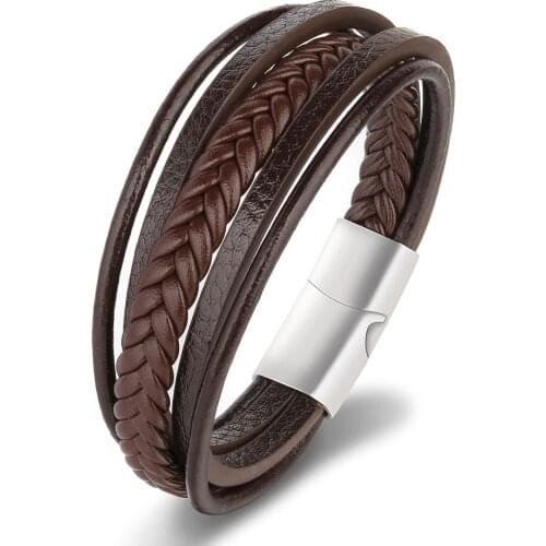 Multilayer Leather Bracelet Male Stainless Steel Magnetic Buckle Woven Pu Fashion Four-color Armband Jewelry Wholesale