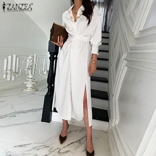 ZANZEA 2021 Fashion Solid Shirt Dress Womens Asymmetrical Sundress Beach Split Midi Vestidos Female Lapel Robe