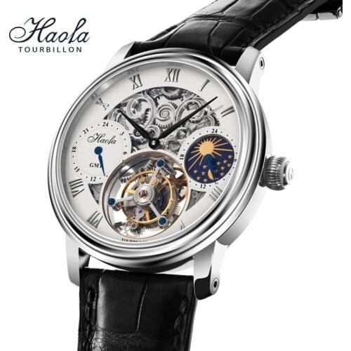 HAOFA Skeleton GMT Tourbillon Movement Wrist Watch For Men Luxury Brand Moon Mechanical Sapphire Watches Mens 2021 orologio uomo