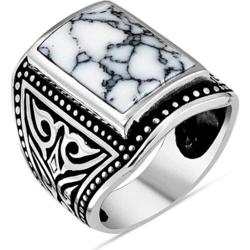 925 Sterling Silver White Turquoise Stone Rectangular Men′s Ring Exclusive Ring for Men Fashionable White Ring