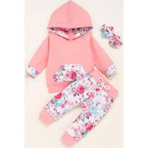 New Newborn Infant Baby Girls Autumn Winter Clothes Sets 3PCS Long Sleeve Hooded Floral Sweatshirt Tops+Long Pants